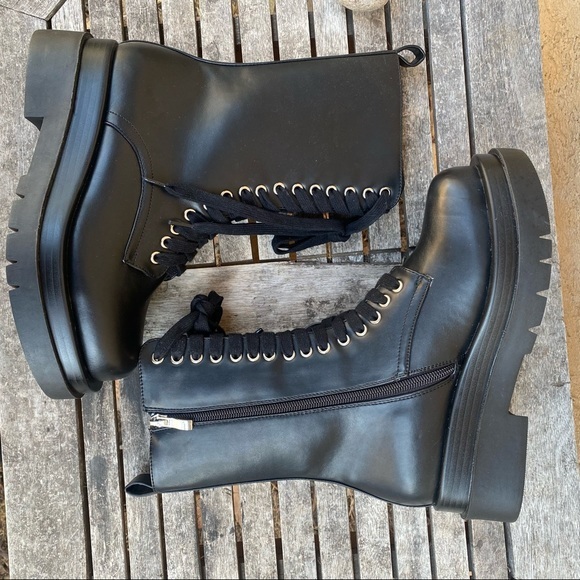 #27  Nasty Gal Black Chunky Faux Leather Lace Up Combat Boots - Picture 9 of 12